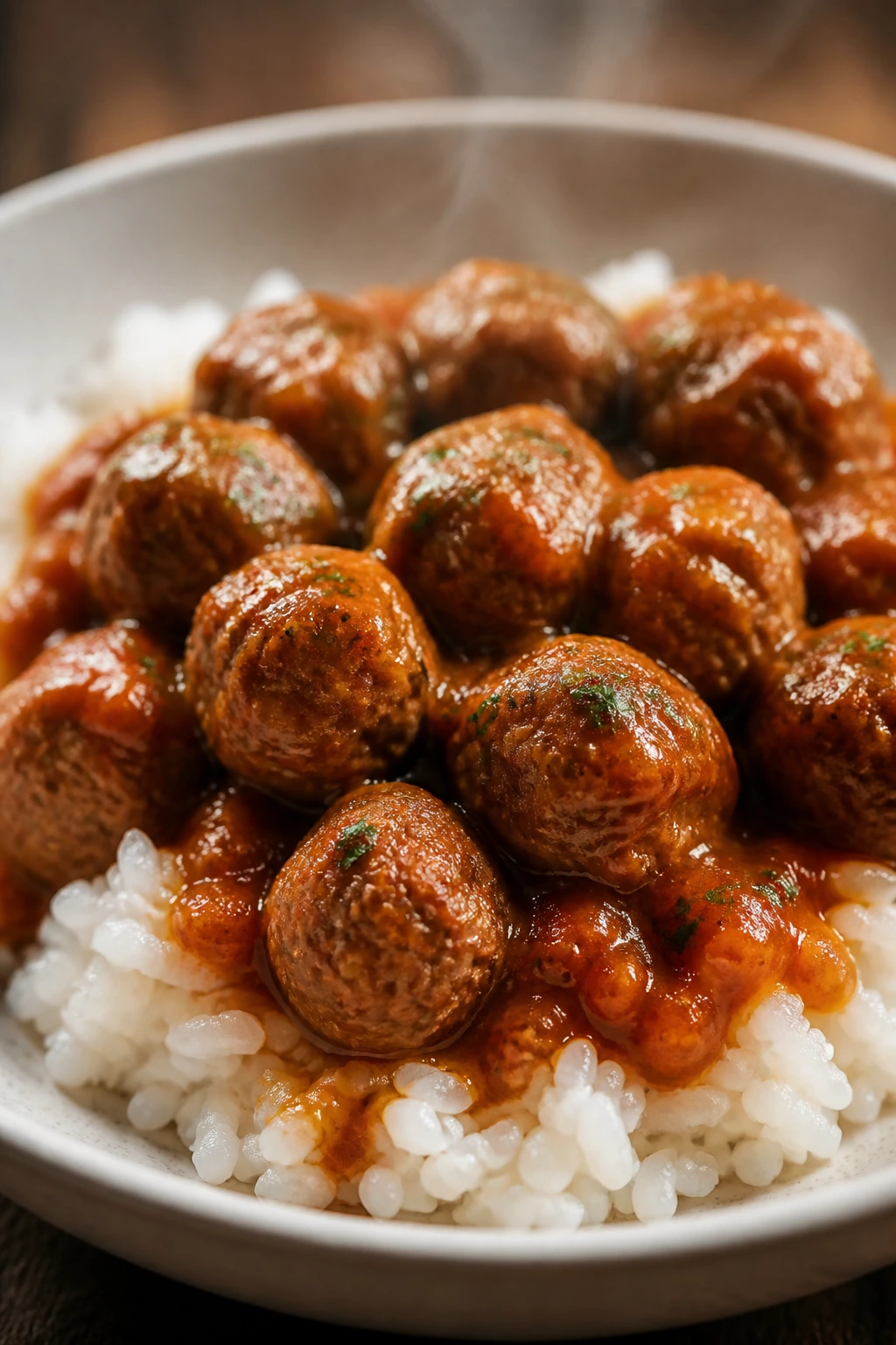 Close-up bowl of mini meatballs on rice with light gravy.
