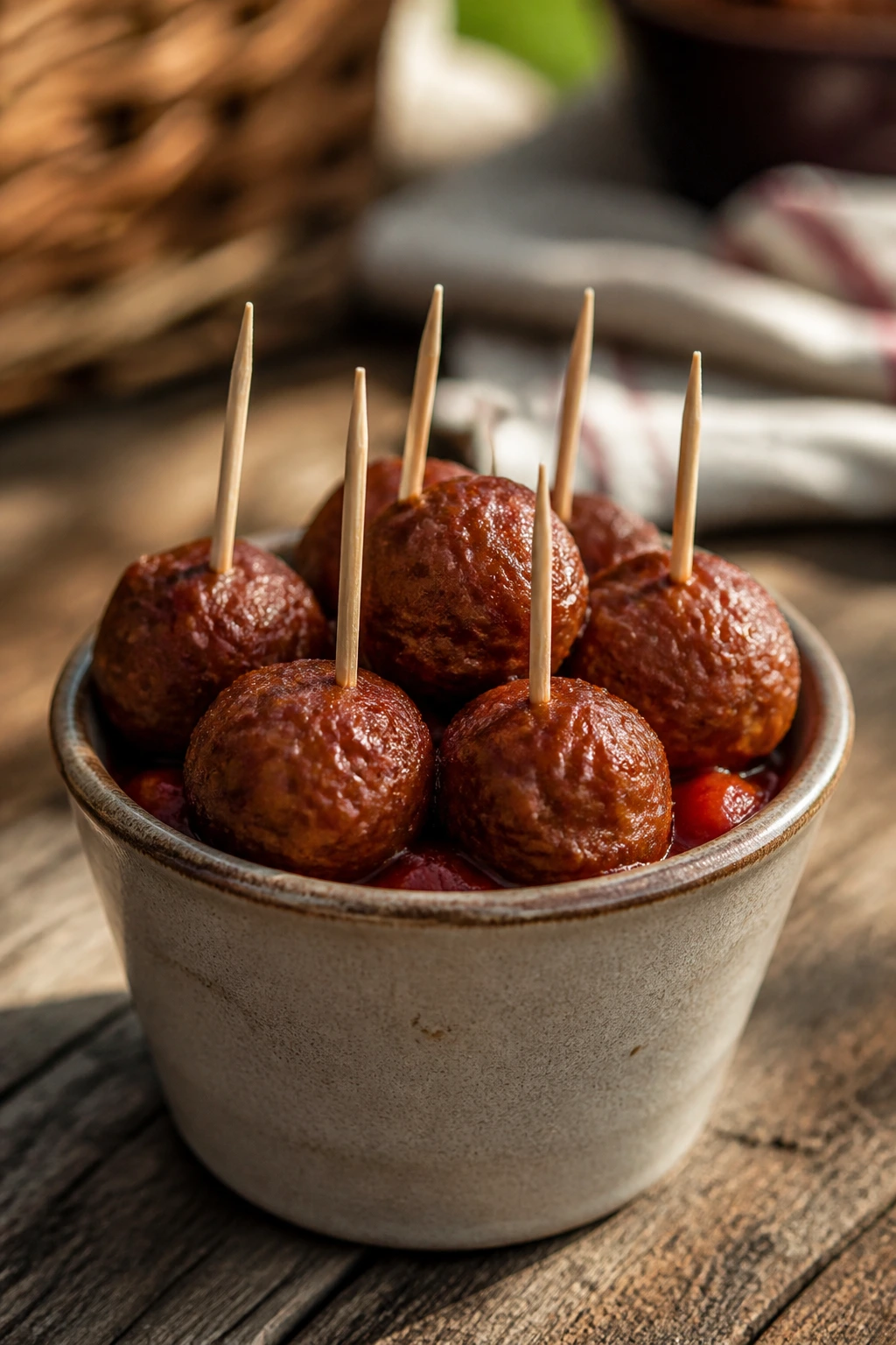 Close-up of mini meatballs on toothpicks in a rustic cup