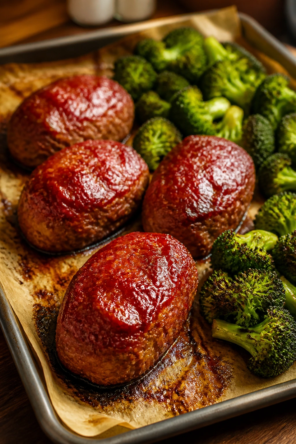 Close-up of four mini meatloaves with broccoli on a baking sheet.