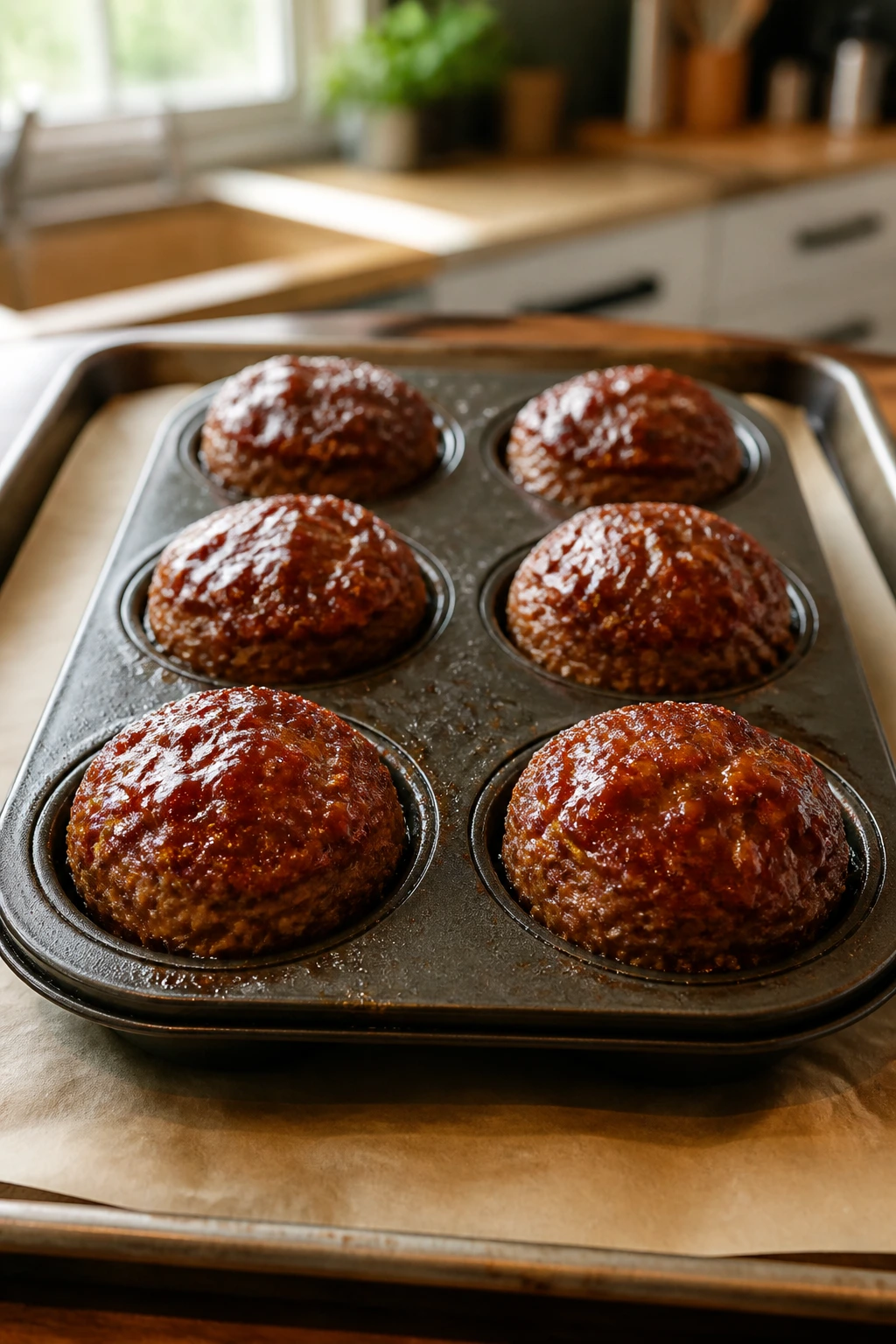 Close-up of glossy mini meatloaf muffins with caramelized glaze in a muffin tin