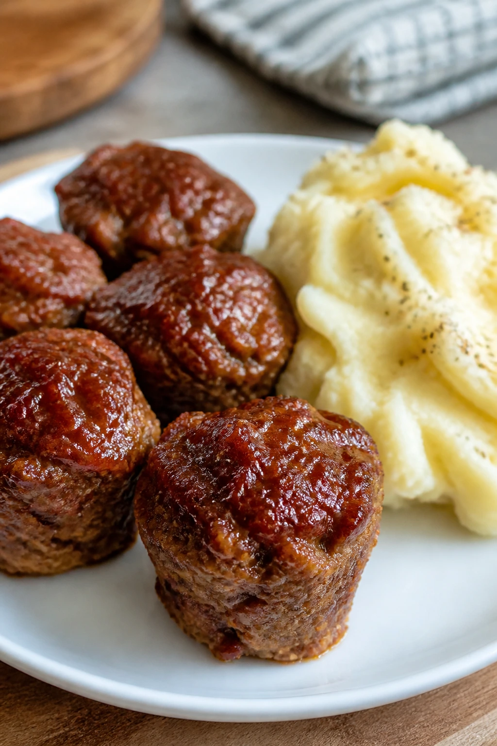 Mini meatloaf muffins with mashed potatoes on a plate in a warm kitchen