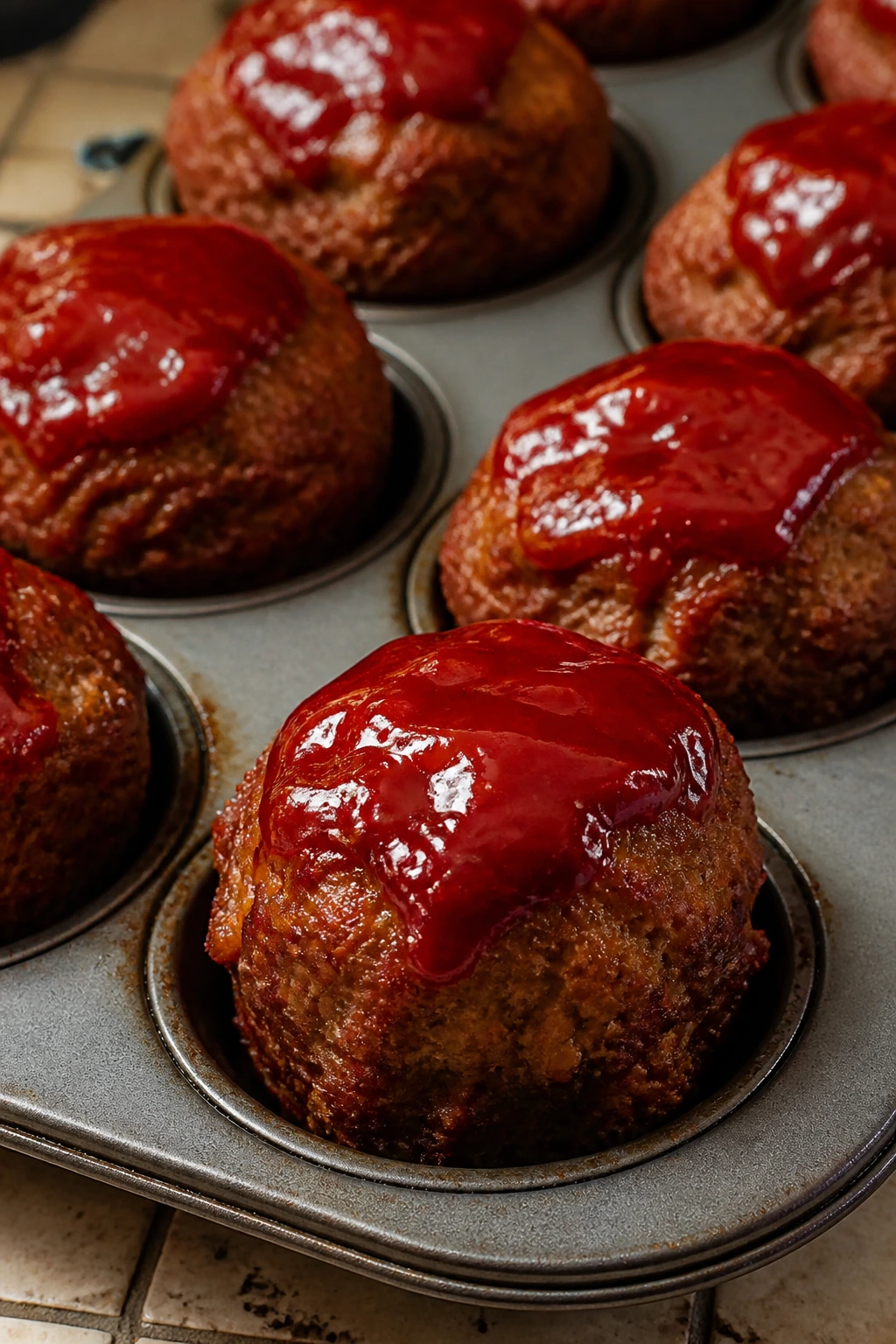 Close-up of mini meatloaf muffins in muffin tin with glaze