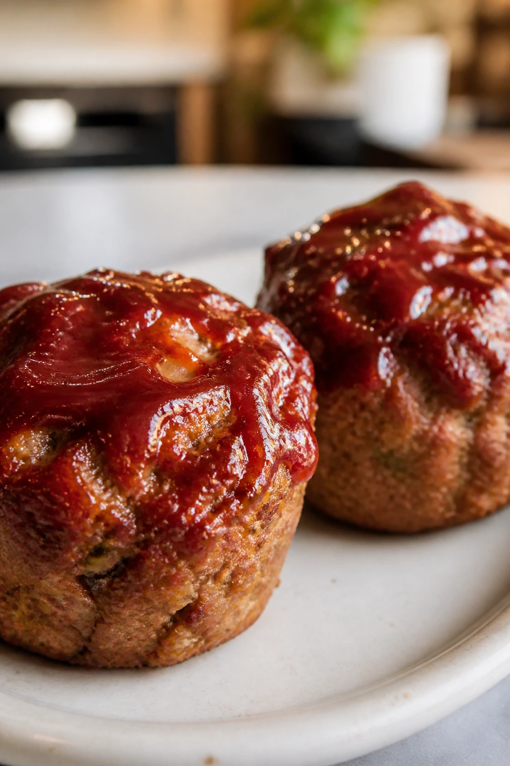 Close-up of glazed mini meatloaf muffins on a plate