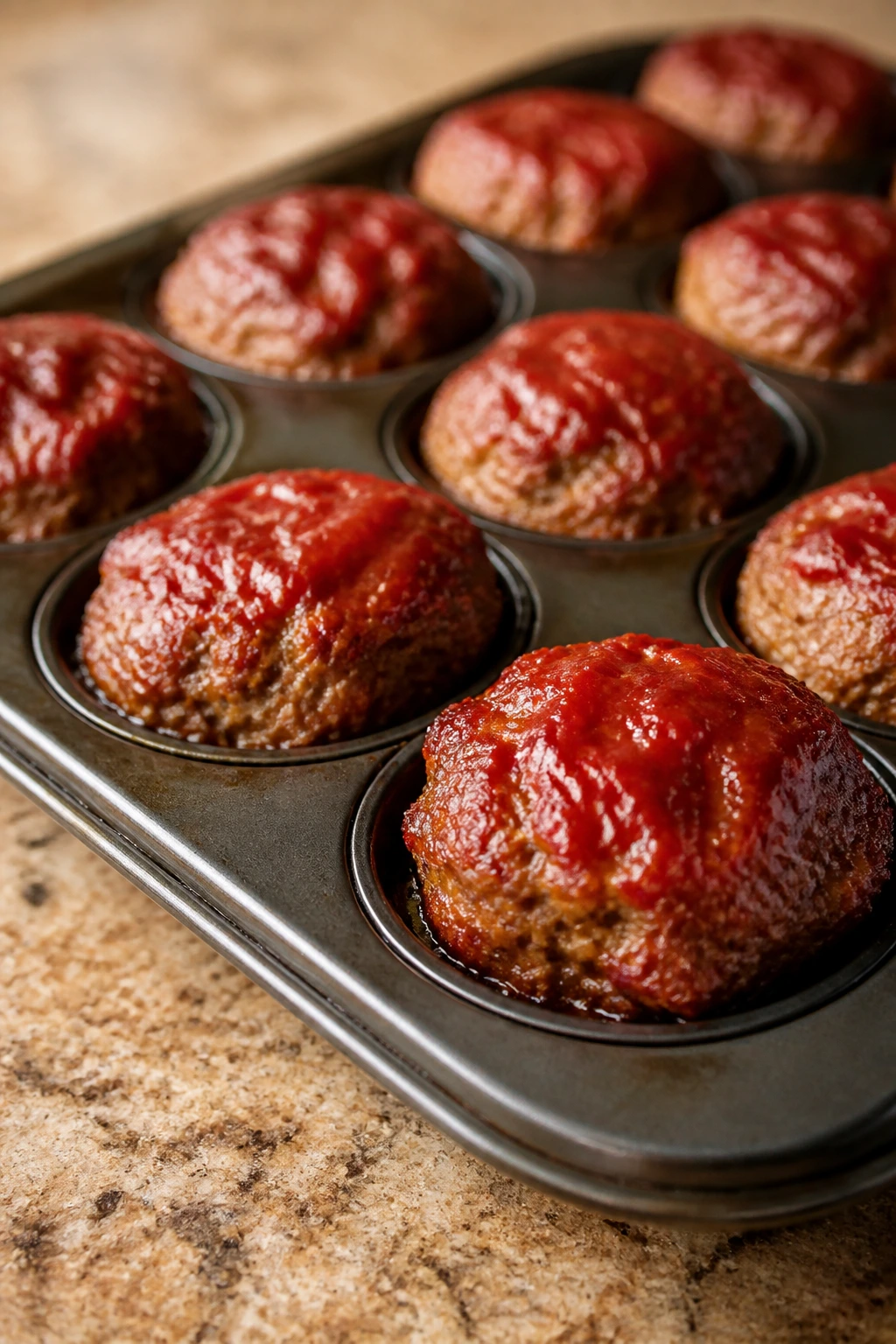 Close up of mini meatloaf muffins with browned tops