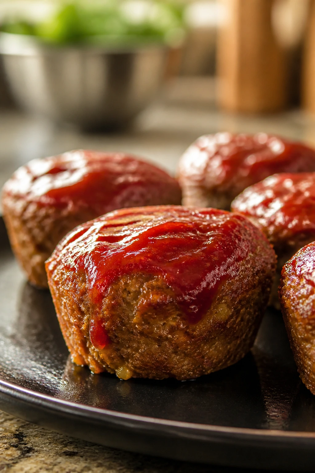 Mini meatloaf muffins with ketchup glaze on a plate
