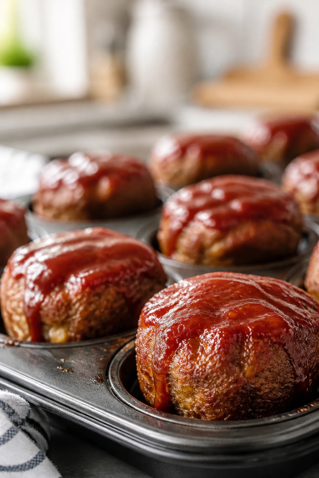 Close-up of glossy mini meatloaf muffins in a muffin tin