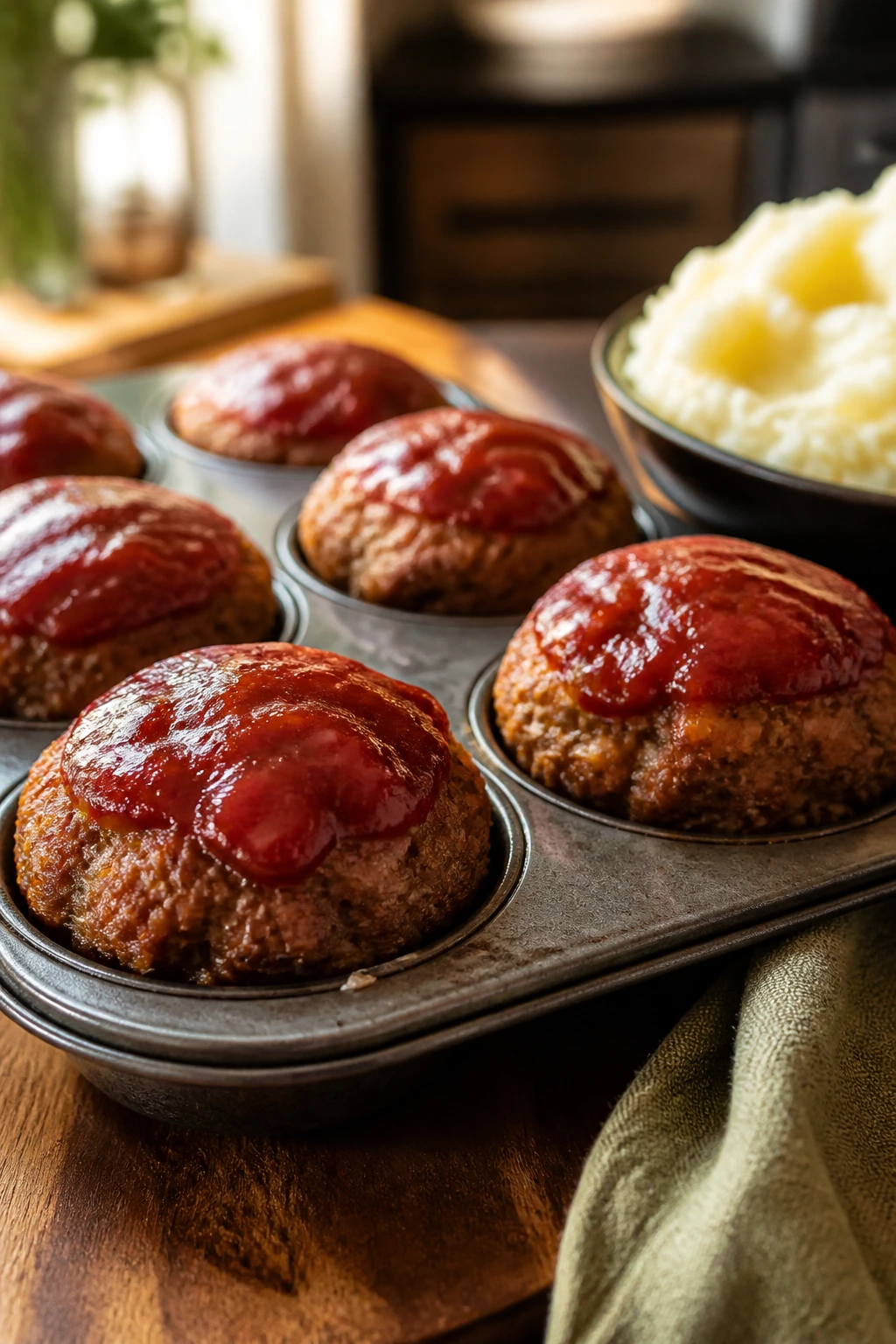 Close-up of mini meatloaf muffins with mashed potatoes on the side.