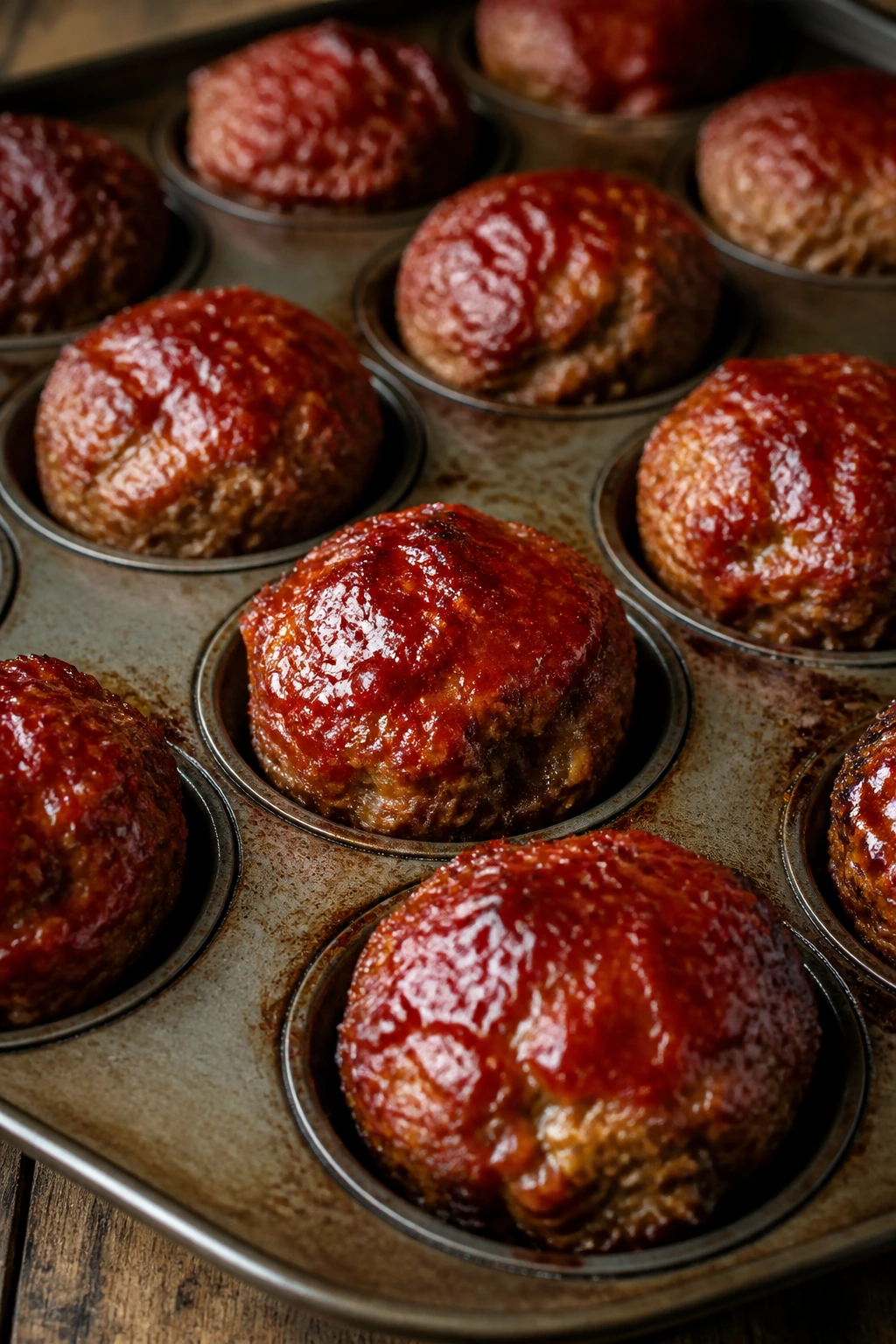 Close-up of glazed mini meatloaf muffins in a muffin tin