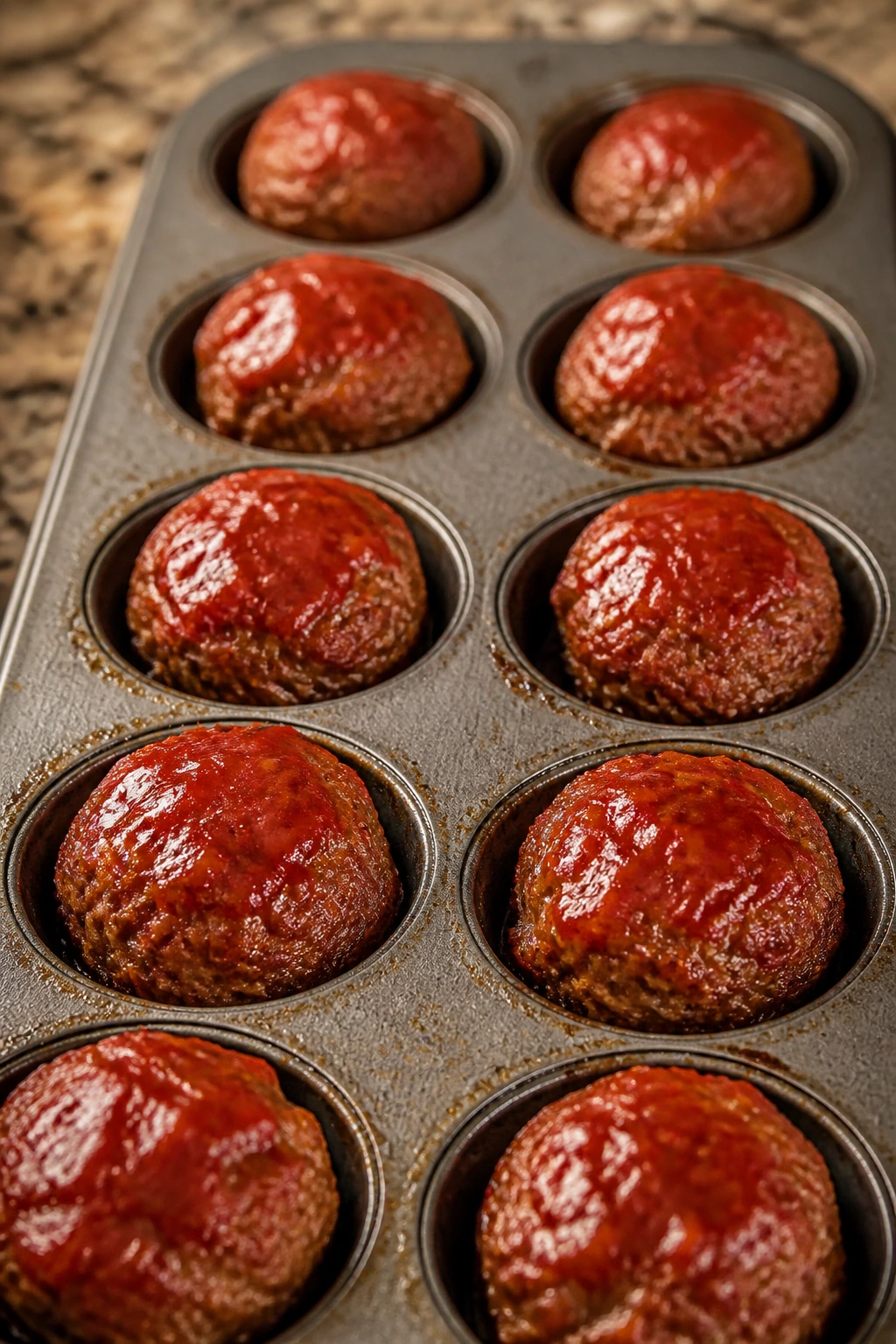 Close-up of mini meatloaf muffins with ketchup glaze