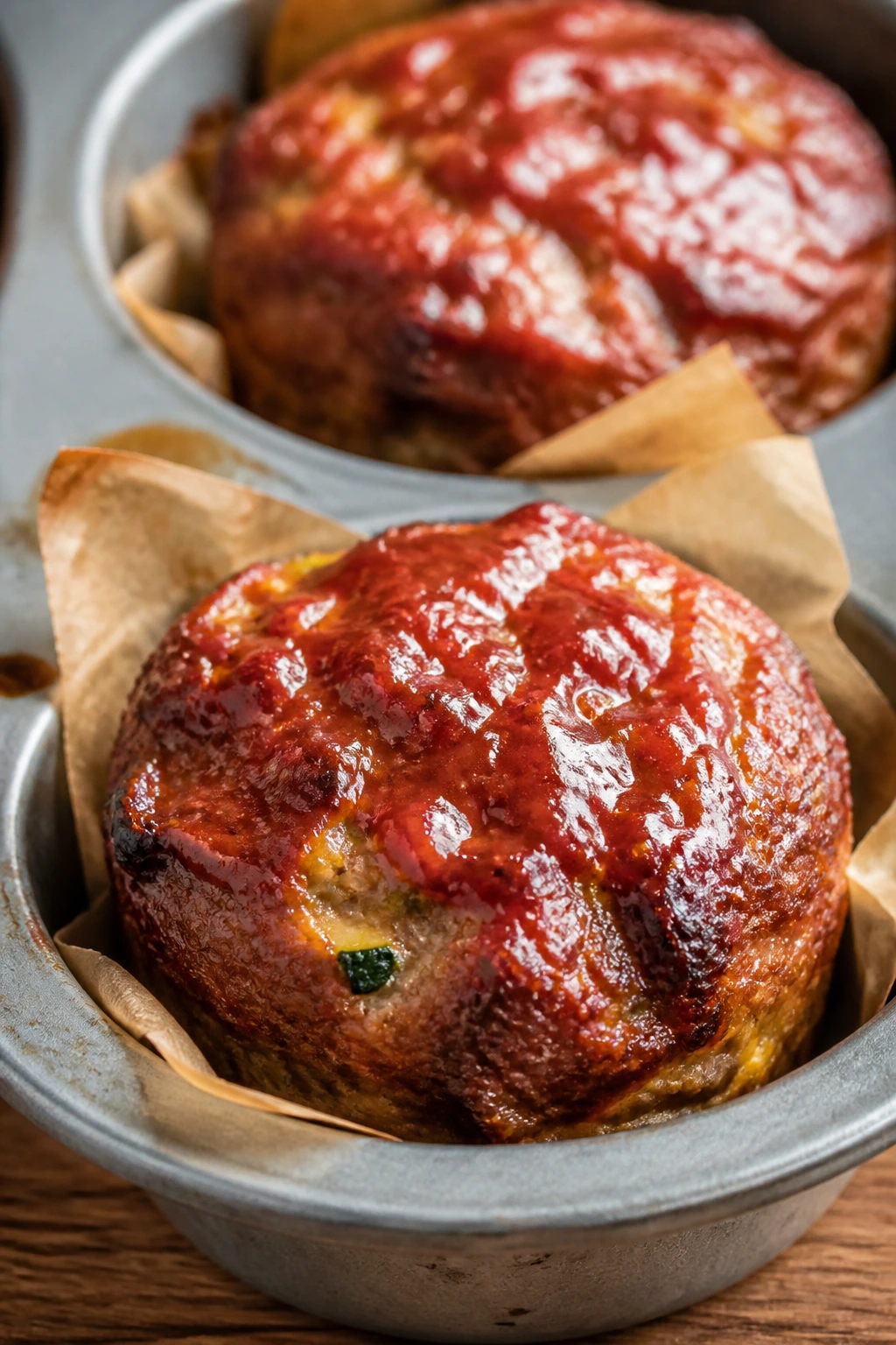 Close-up of glazed mini meatloaf muffins in a muffin tin