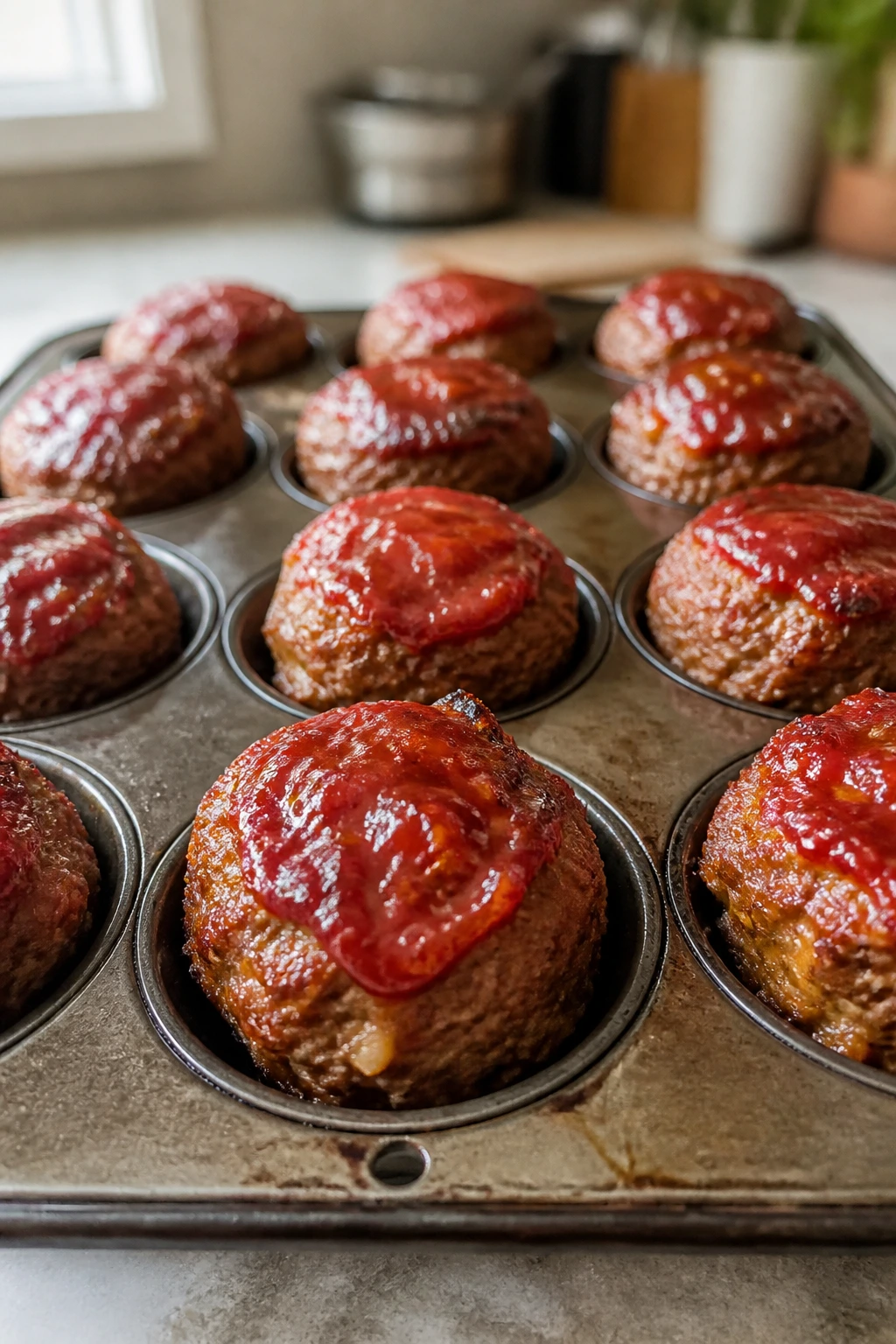 Mini meatloaf muffins with ketchup glaze in a muffin tin