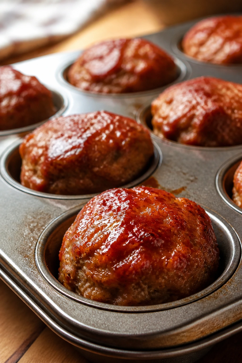 Close-up of mini meatloaf muffins with ketchup glaze in a muffin tin