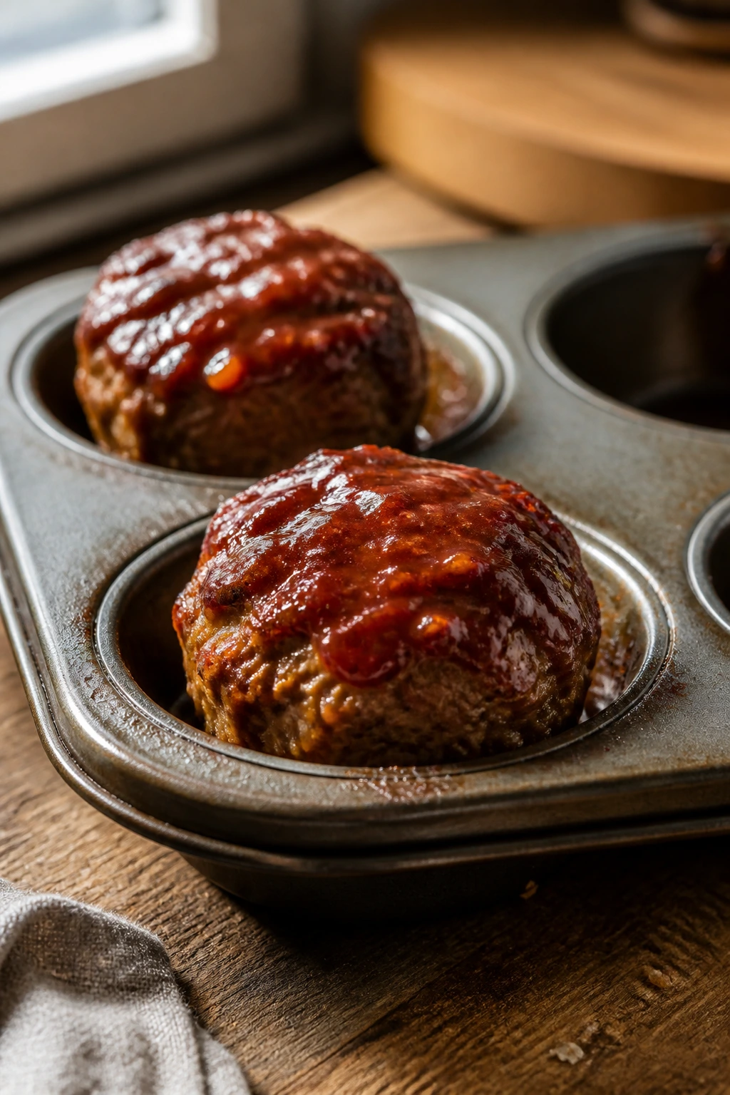 Close-up of caramelized mini meatloaf muffins with glaze