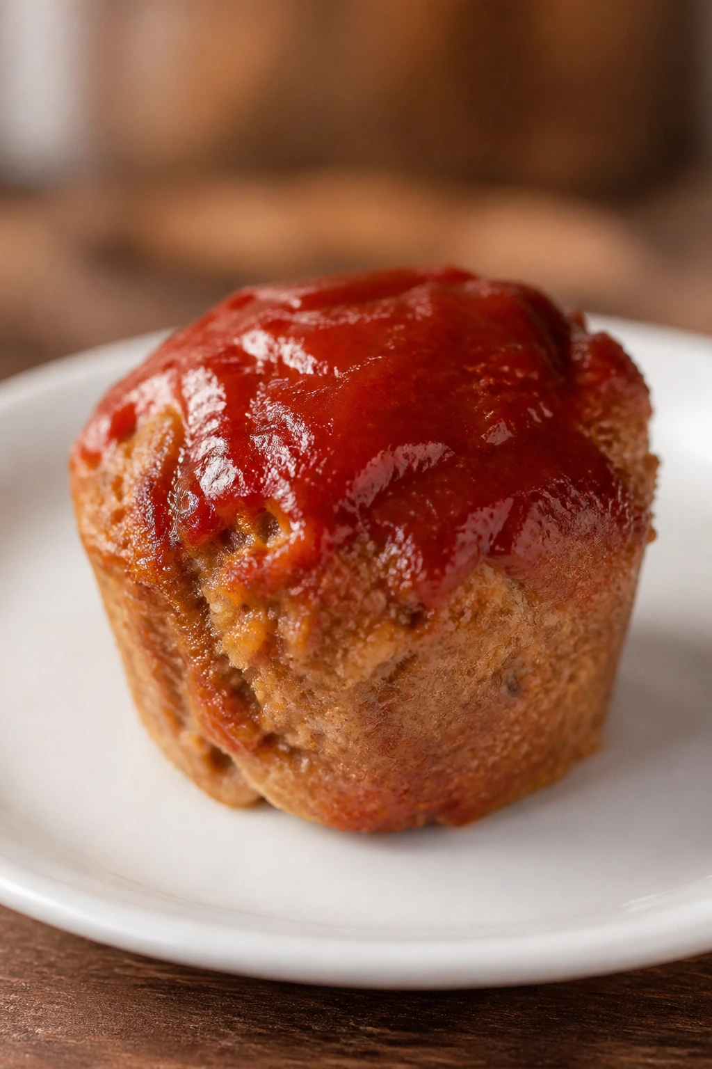 Close-up of a glossy mini meatloaf muffin with ketchup glaze on a white plate