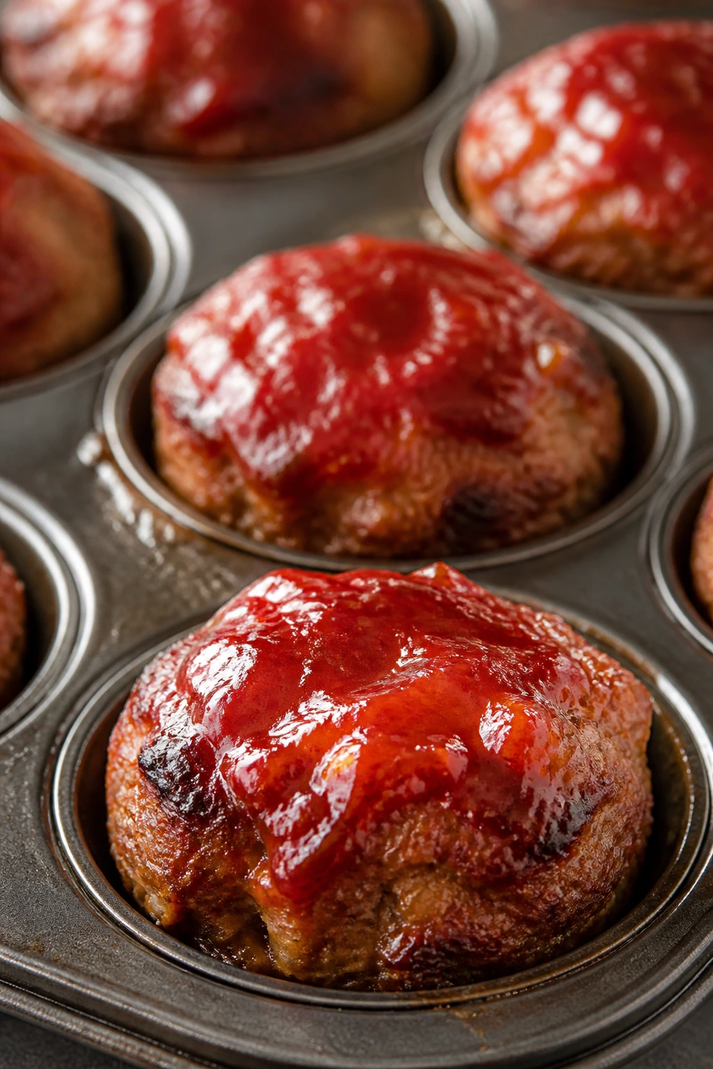 Close-up of glossy mini meatloaf muffins in muffin tin with tangy glaze
