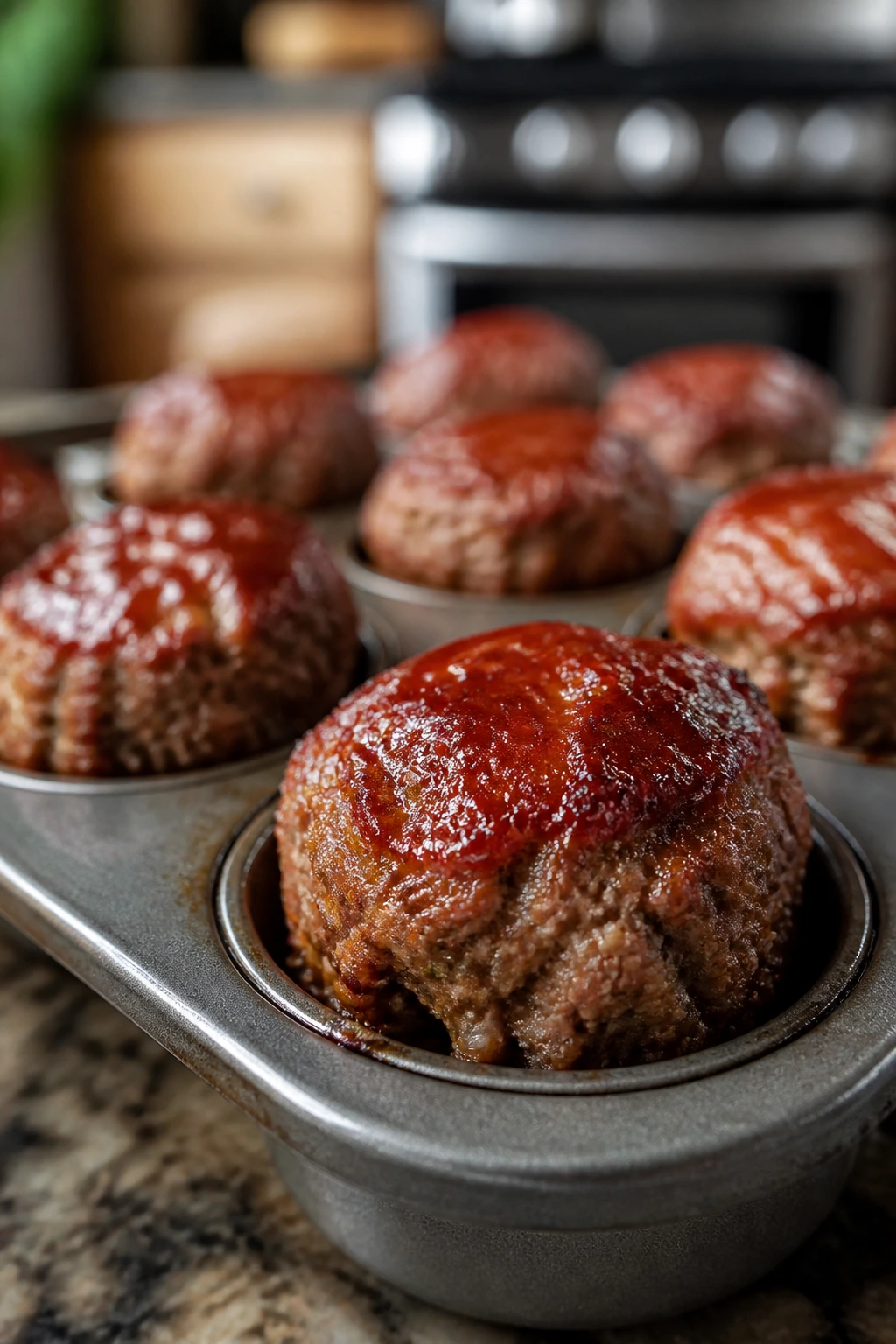 Close-up of mini meatloaf muffins in a muffin tin