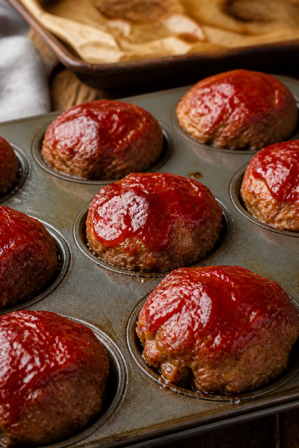 Glossy mini meatloaf muffins in a tin on a warm kitchen counter