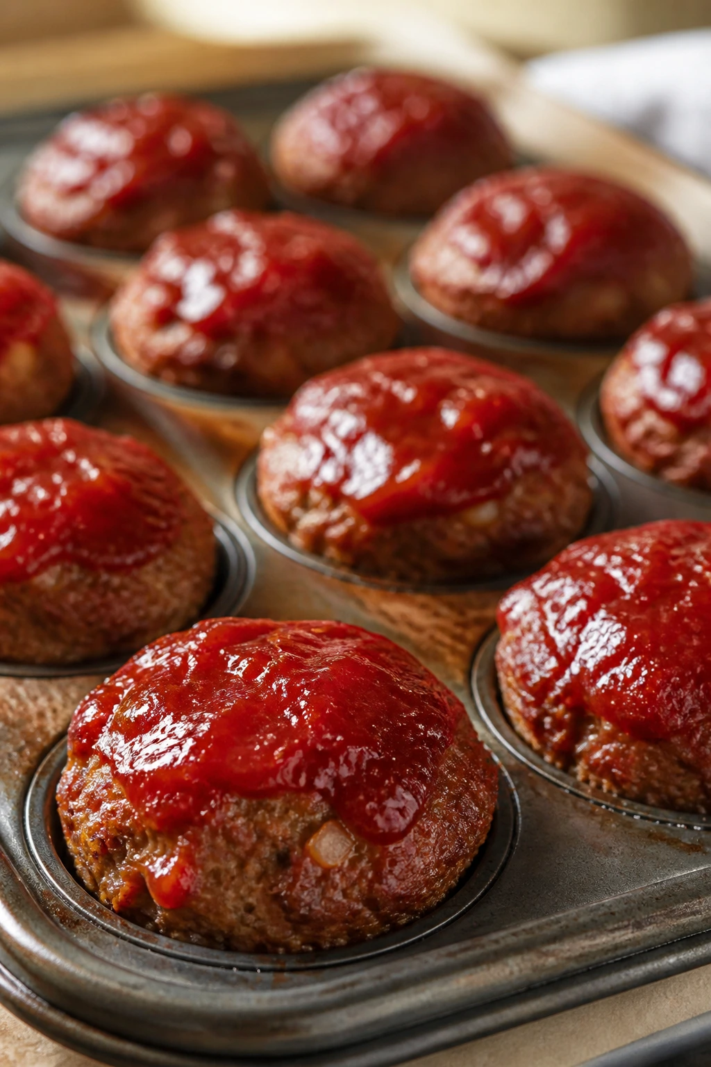 Close-up of mini meatloaf muffins with ketchup glaze in a muffin tin.