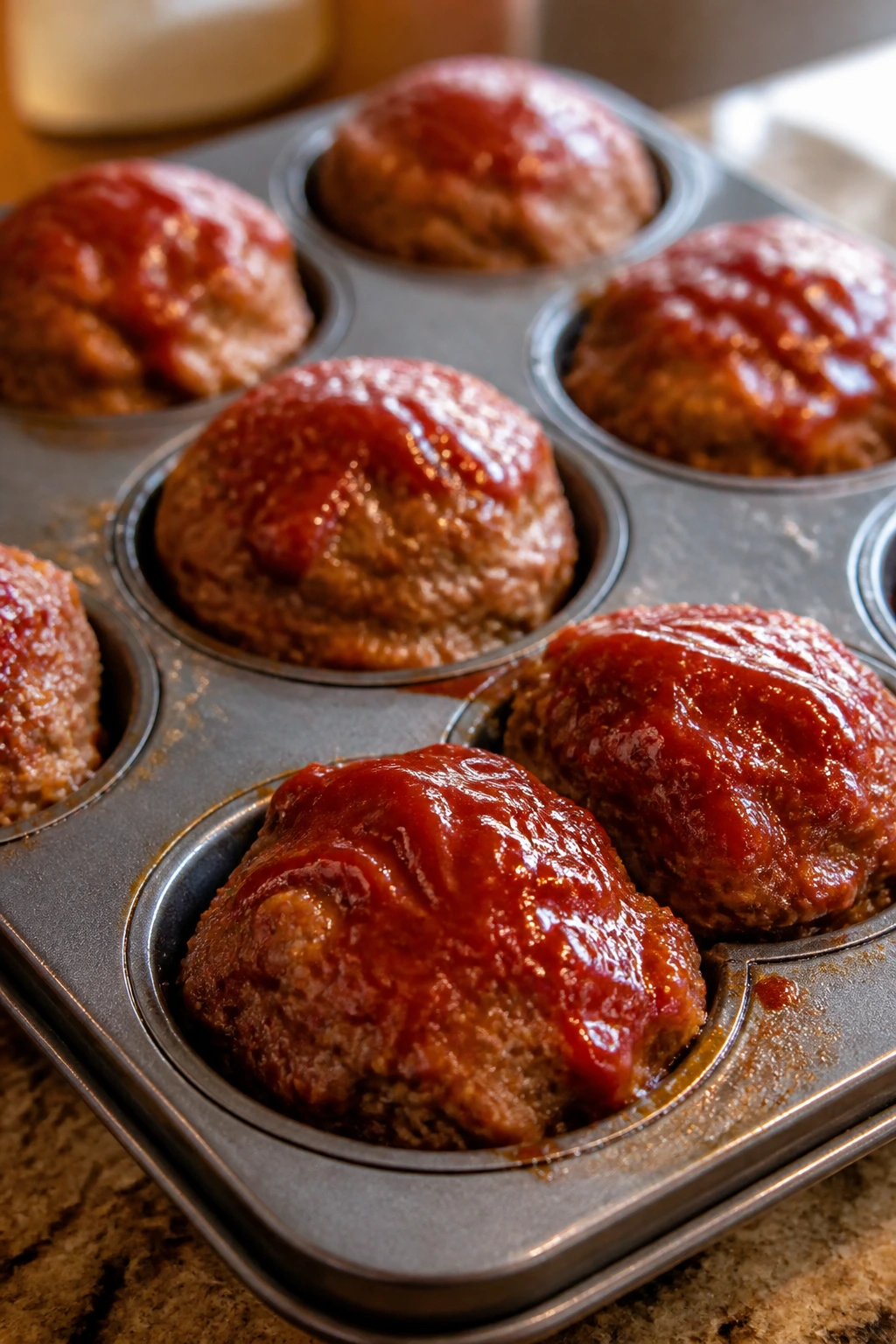 Close-up of mini meatloaf muffins in a muffin tin