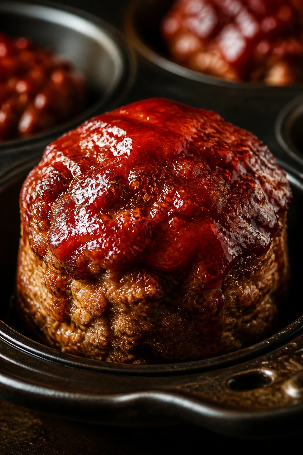 Close-up of a mini meatloaf muffin with glaze