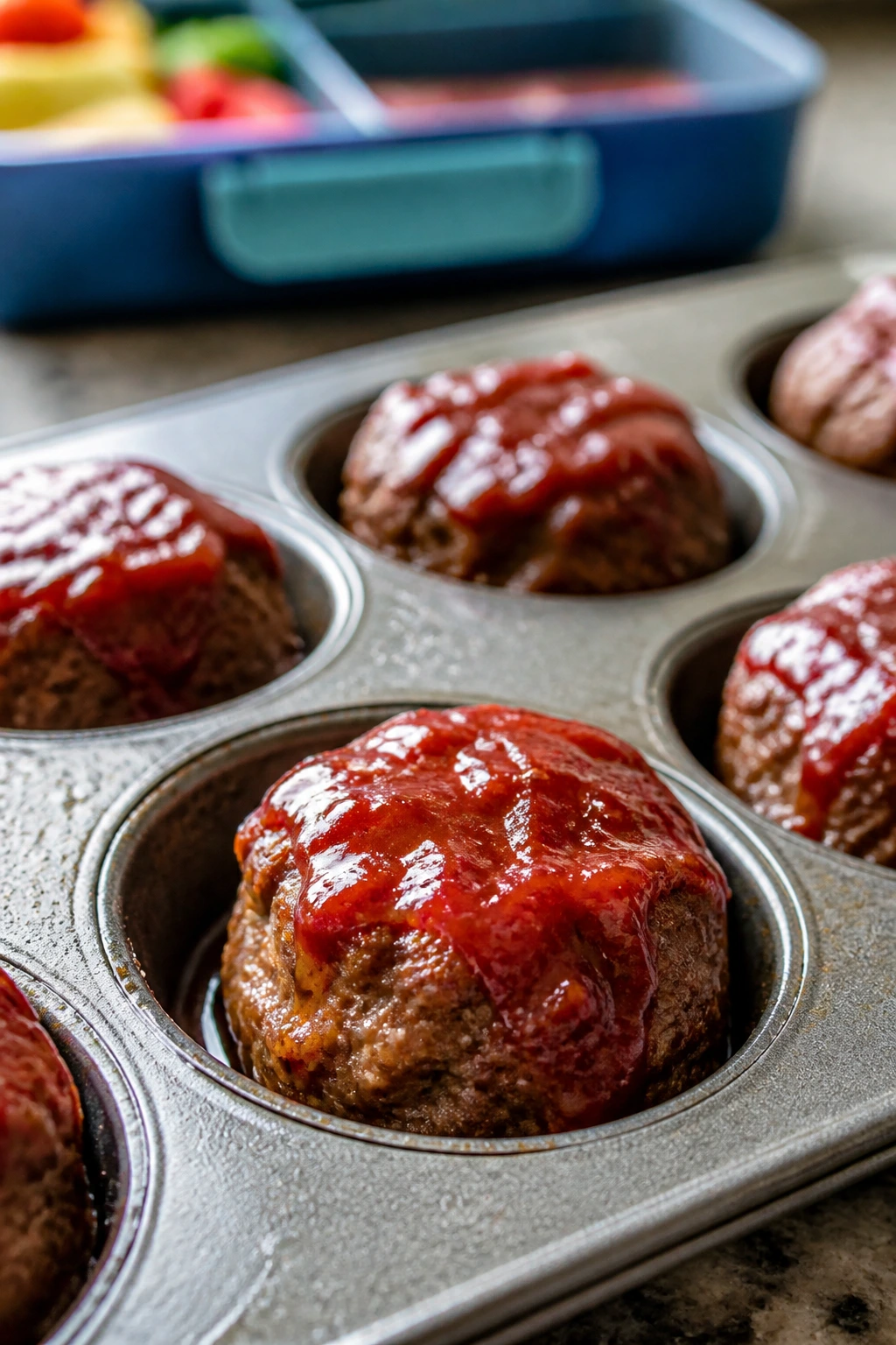 Close-up of mini meatloaf muffins with glaze for kids' lunchbox