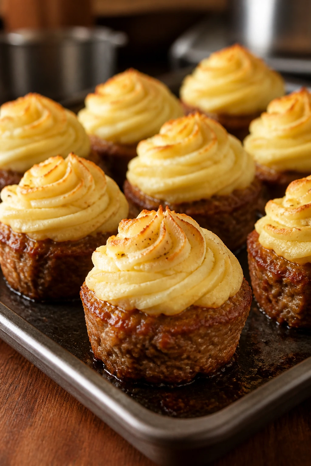 Meatloaf muffins with piped mashed potato swirls on a baking sheet