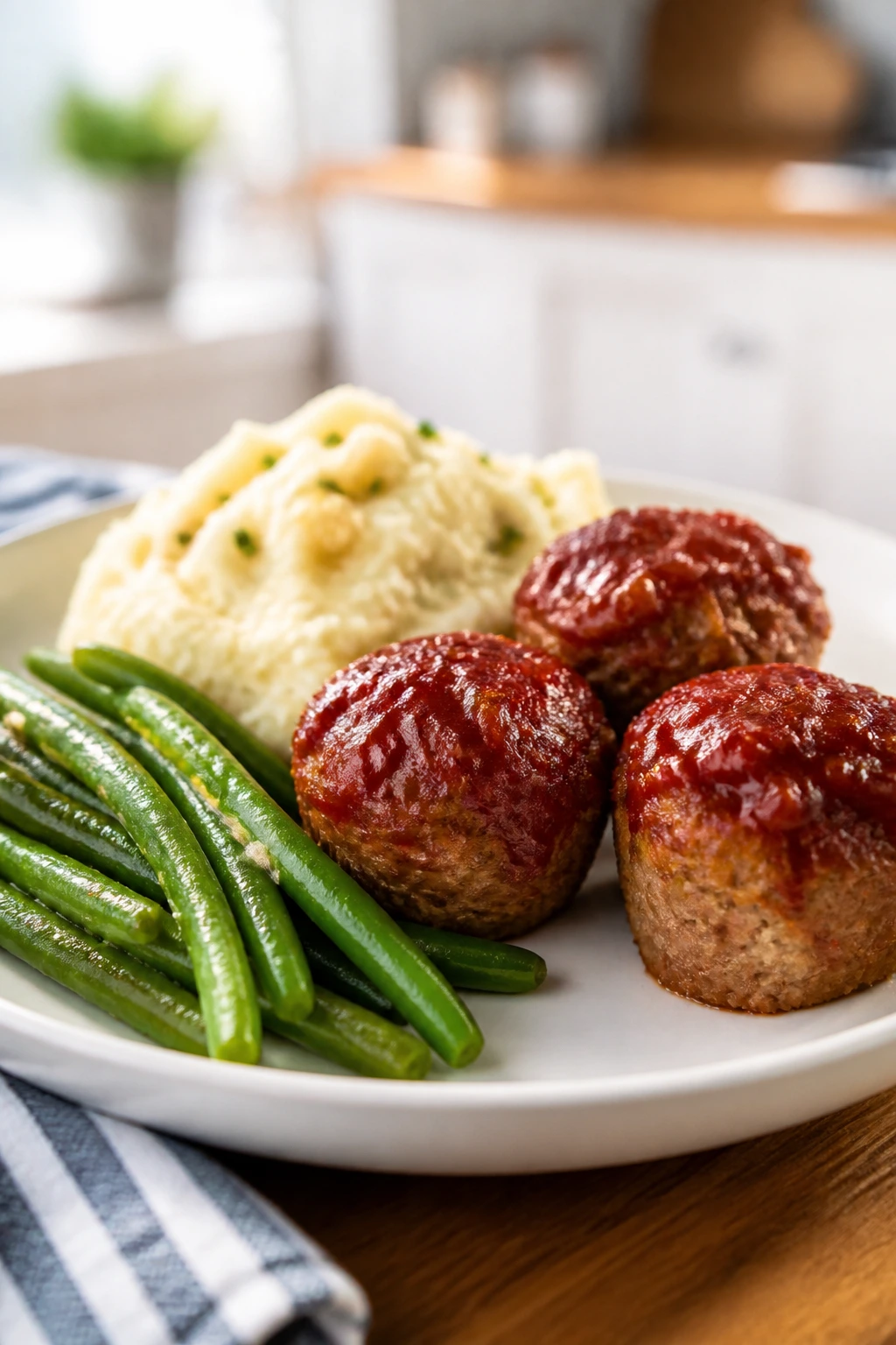 Plate with mini meatloaf muffins, garlic mashed potatoes, and green beans.