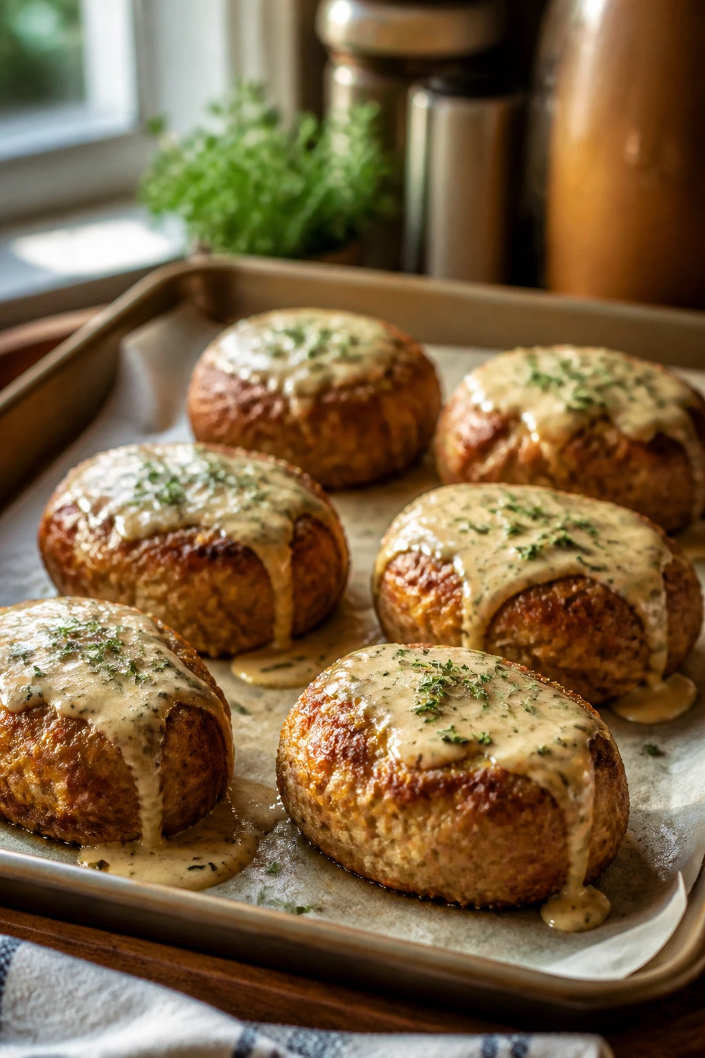 Six mini turkey meatloaves on parchment with Dijon sauce in warm kitchen