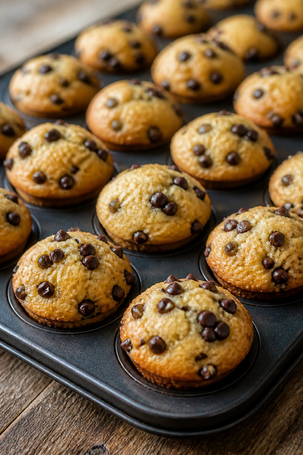 Close-up of mini chocolate chip muffins on a muffin pan