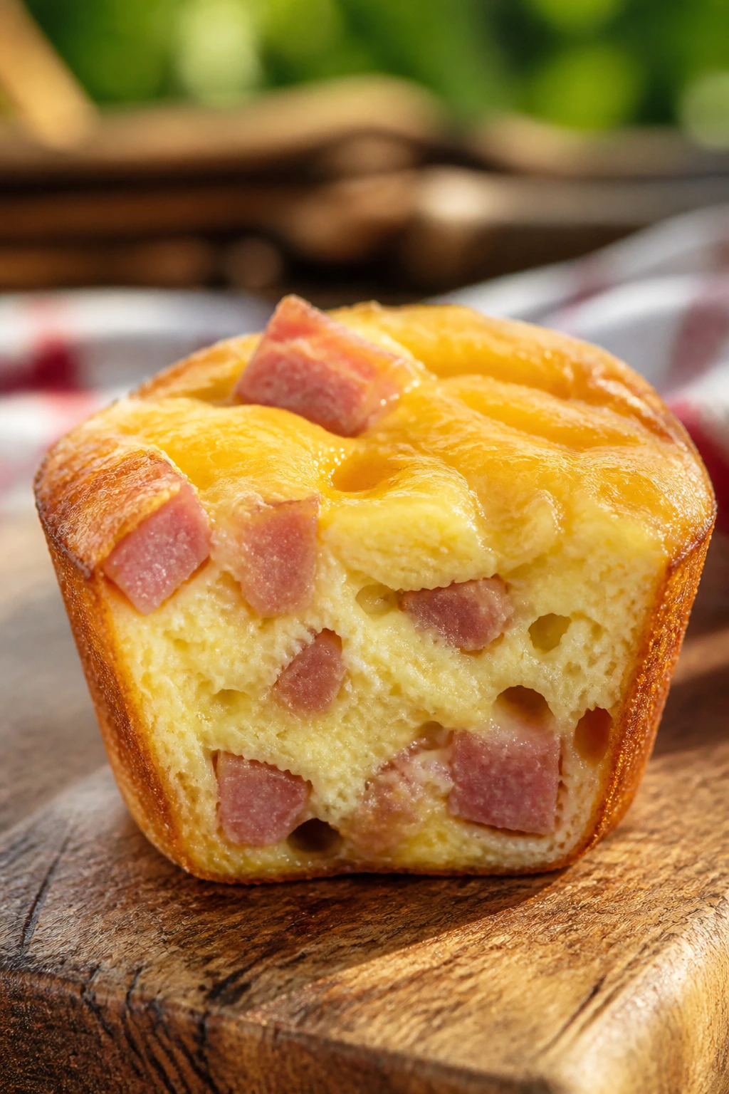 Close-up of a mini ham and egg muffin on a picnic setting