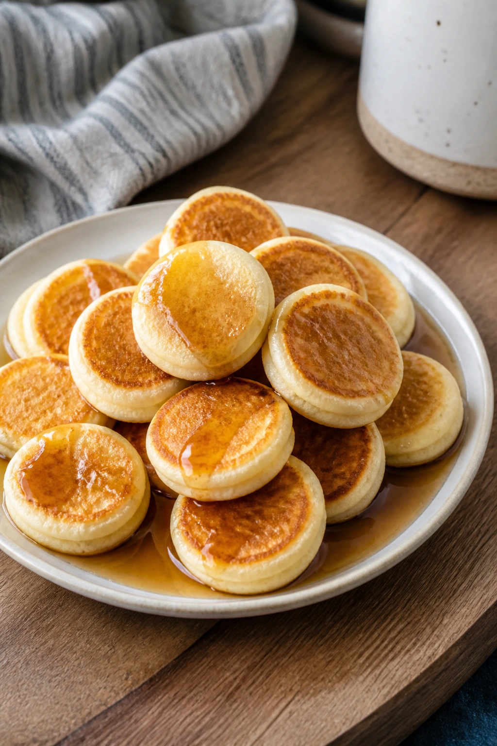 Close-up of mini pancake dippers with syrup on a plate in a warm kitchen