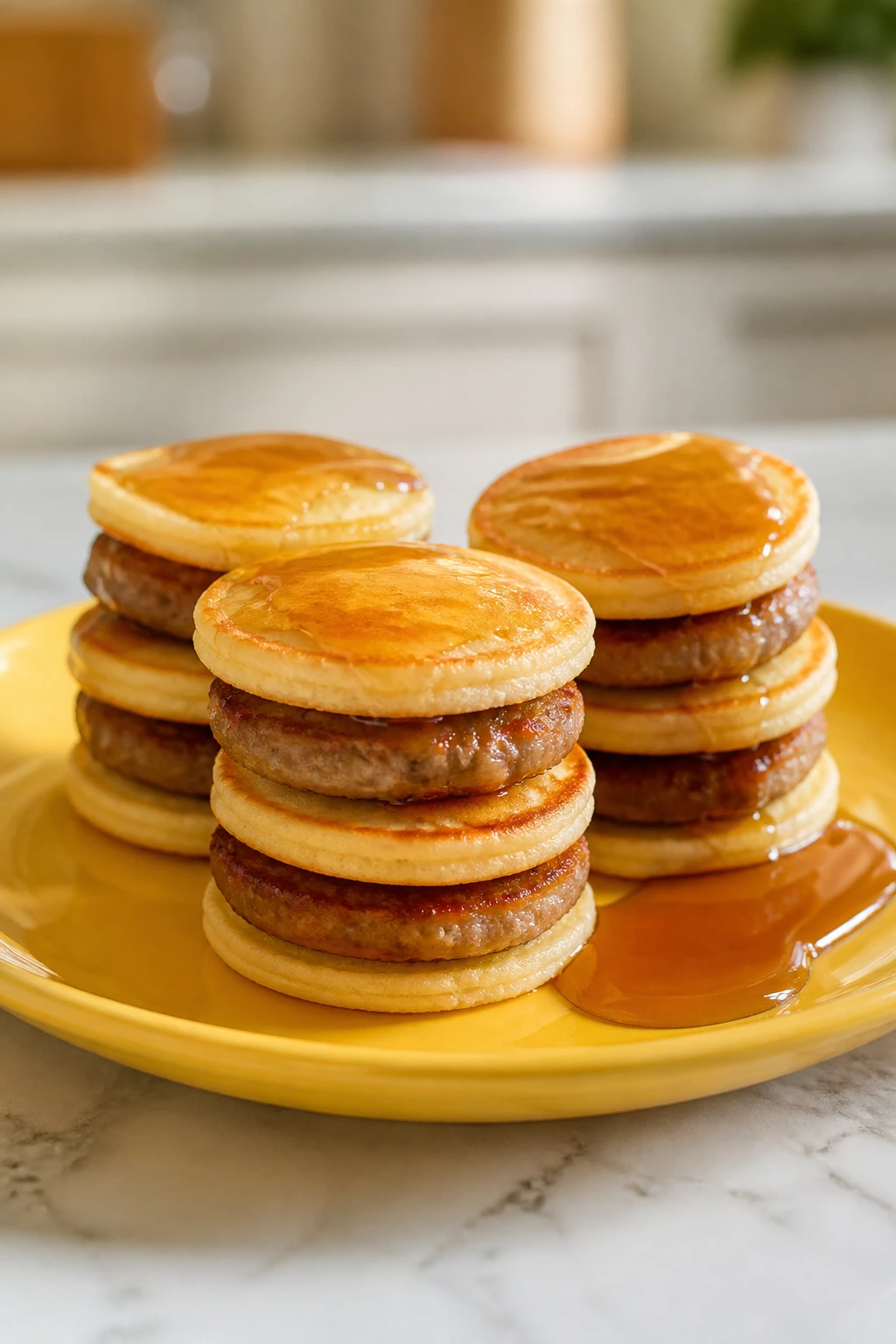 Close-up of mini pancake stacks with sausage and syrup