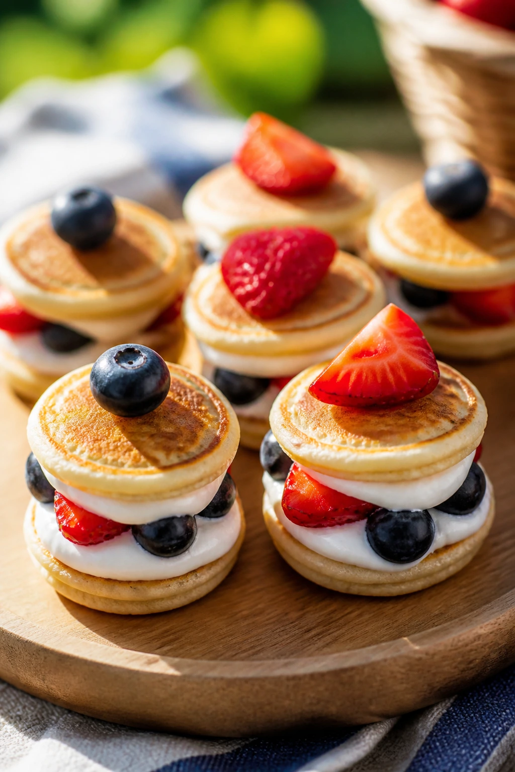 Close-up of mini pancake stacks with berries on a plate outdoors
