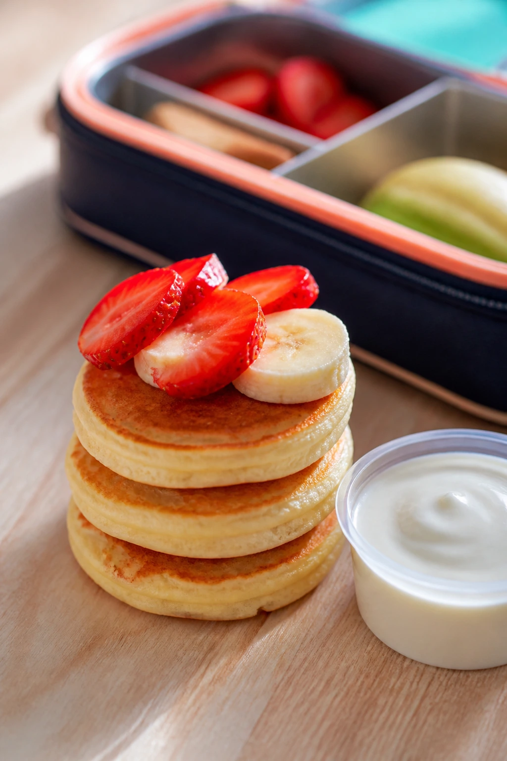 Close-up of mini pancake stack with fruit and yogurt dip