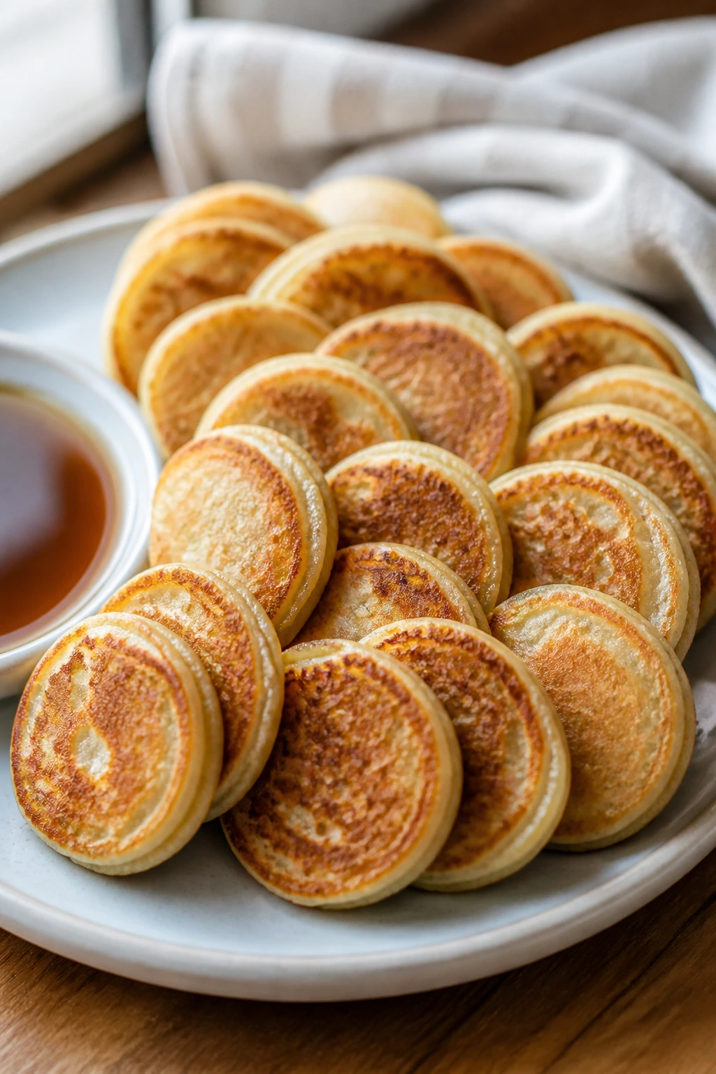 Close-up of mini pancake dippers with syrup