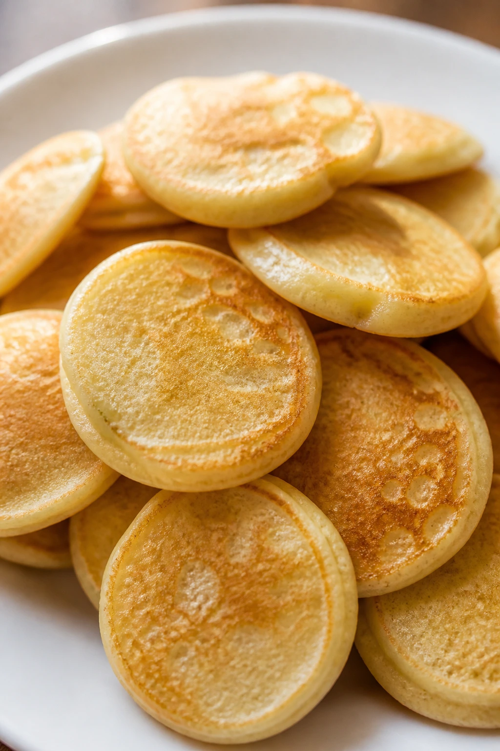 Close-up of tiny golden pancakes on a plate in a warm kitchen