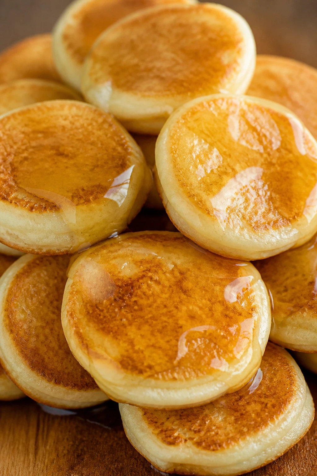 Close-up of mini pancakes ready for dipping on a wooden table