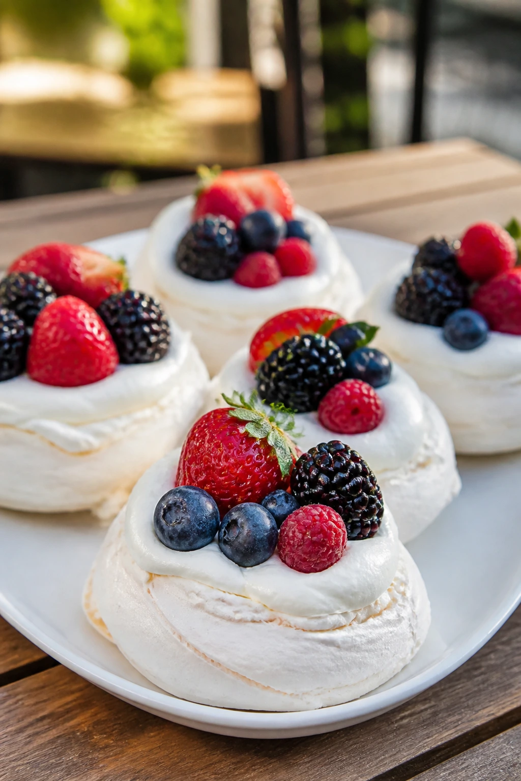 Close-up of mini pavlovas with berries on a plate