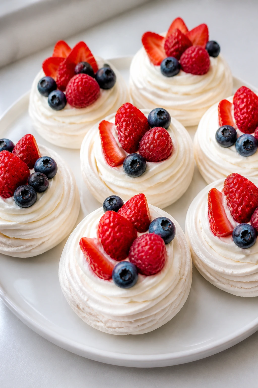 Assorted mini pavlovas with cream and berries on a plate
