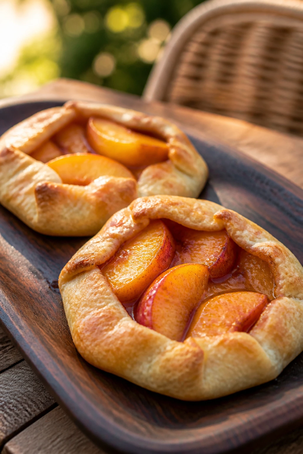 Close-up of two mini peach galettes on a rustic tray