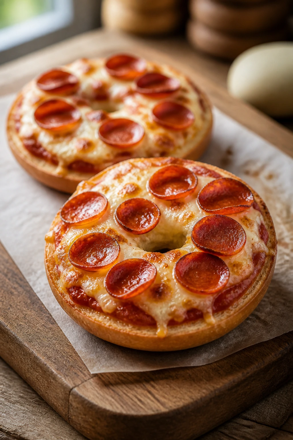 Two mini pepperoni pizza bagels on a wooden board with melted cheese.