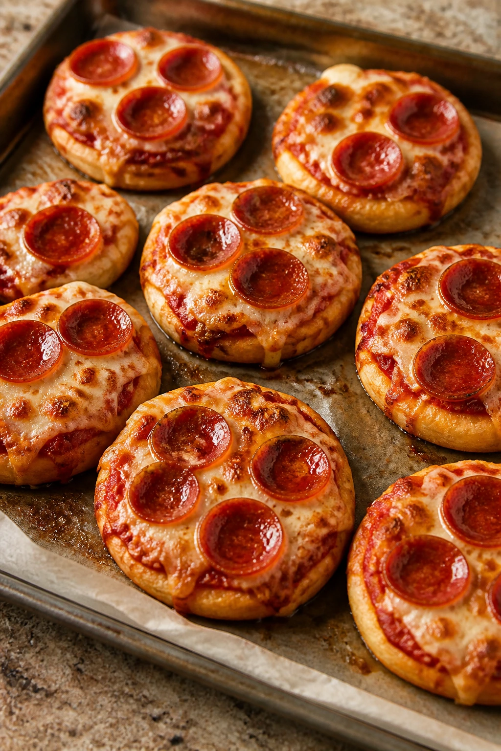 Close-up of eight mini pepperoni pizzas on parchment, bubbling cheese and crisp crust.