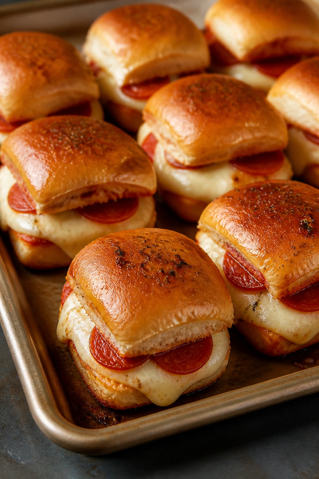 Close-up of mini pepperoni pizza sliders