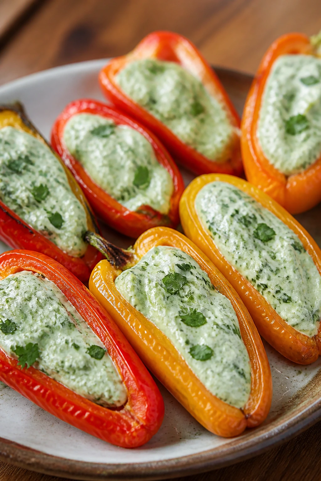 Close-up of stuffed mini peppers with herbed cream cheese filling