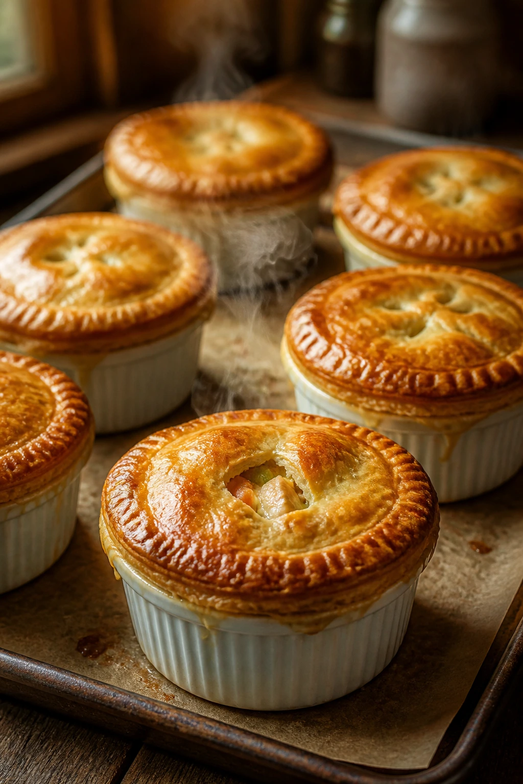 Close-up of golden mini chicken pot pies in ramekins on parchment.