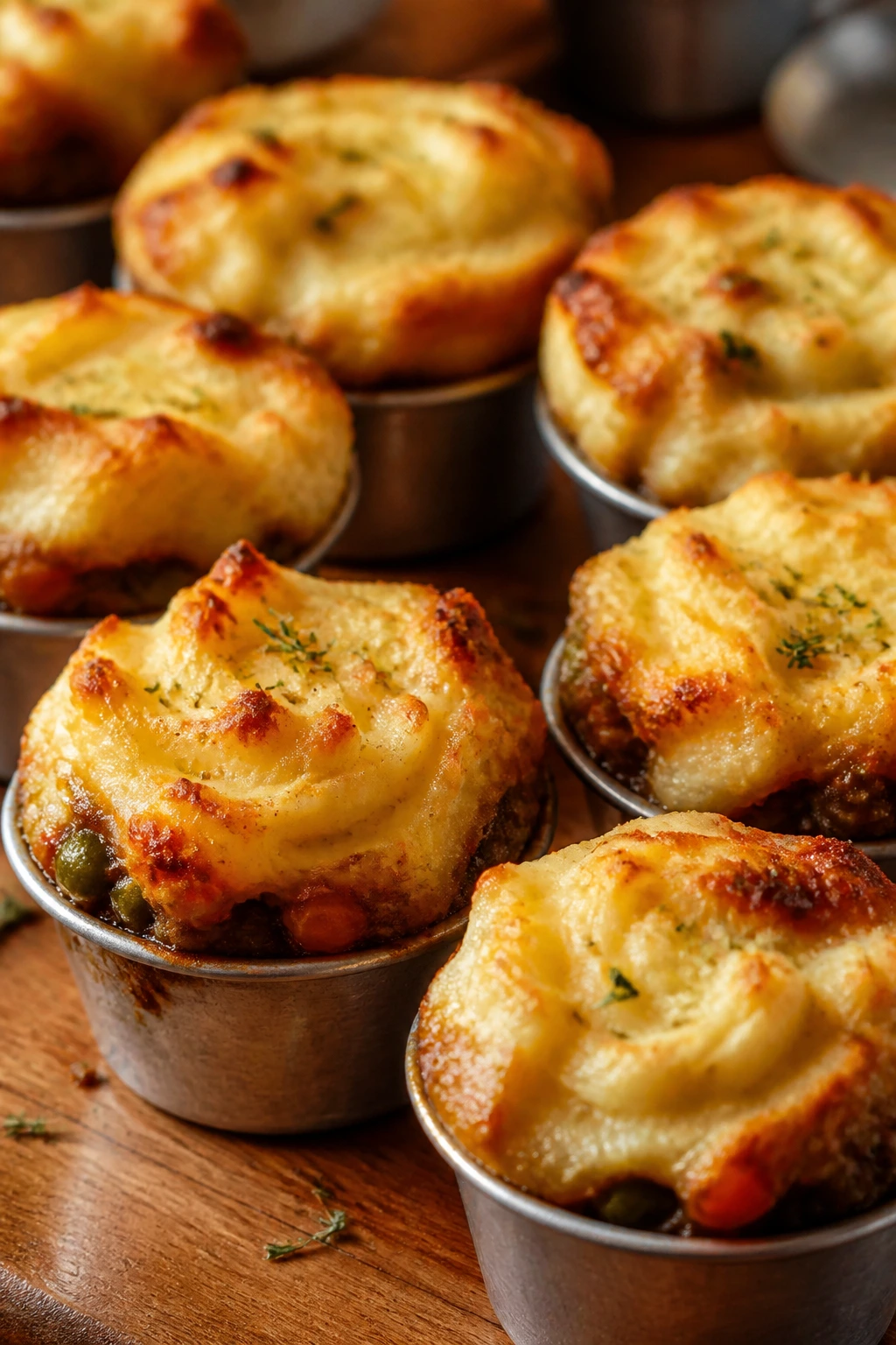 Close-up of golden mini shepherd’s pies in muffin cups on a rustic kitchen counter