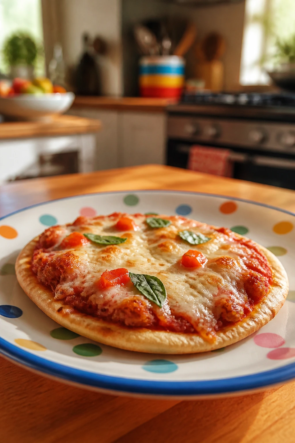 Close-up of a mini pita pizza on a plate in a home kitchen