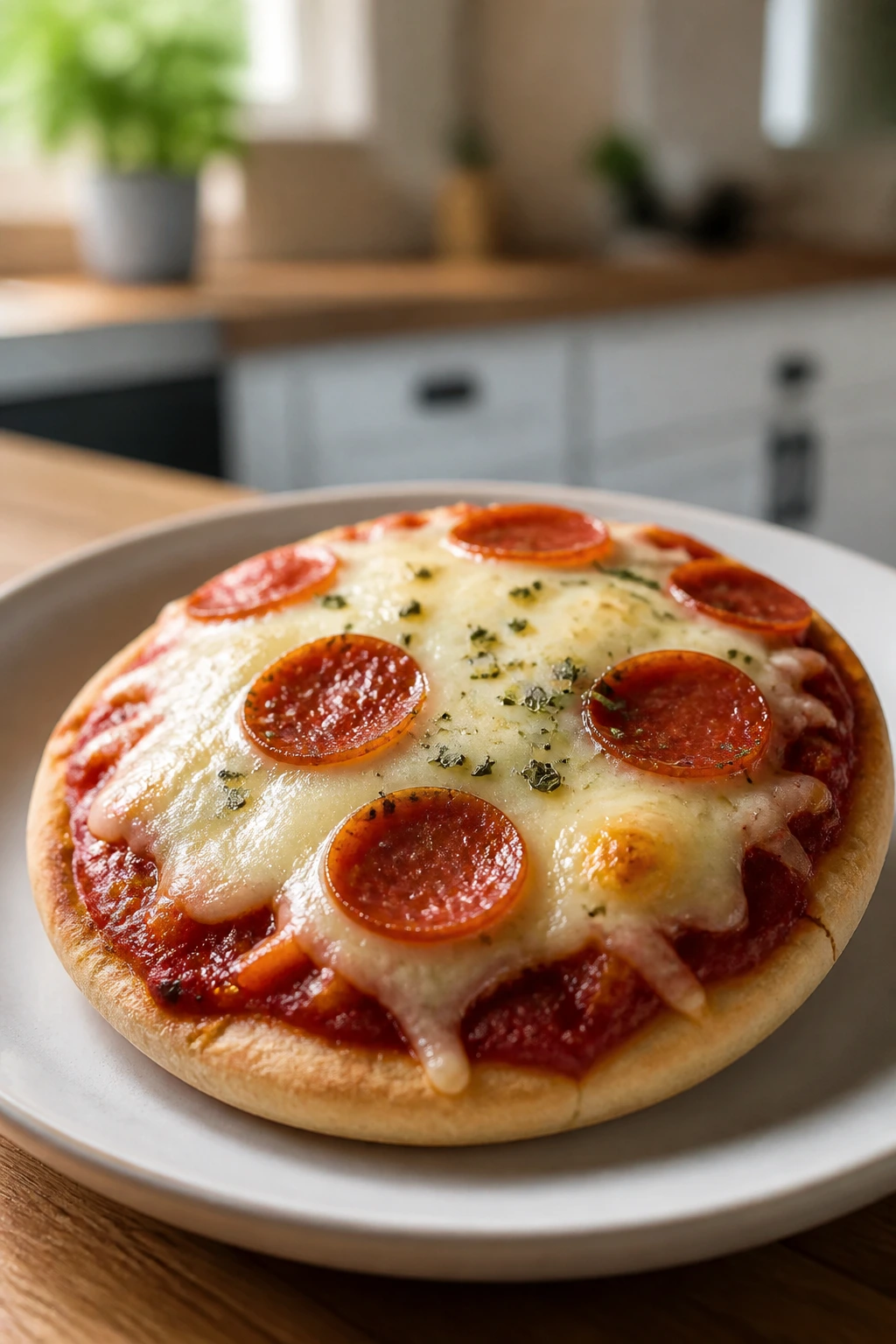 Close-up of a mini pita pizza on plate in bright kitchen
