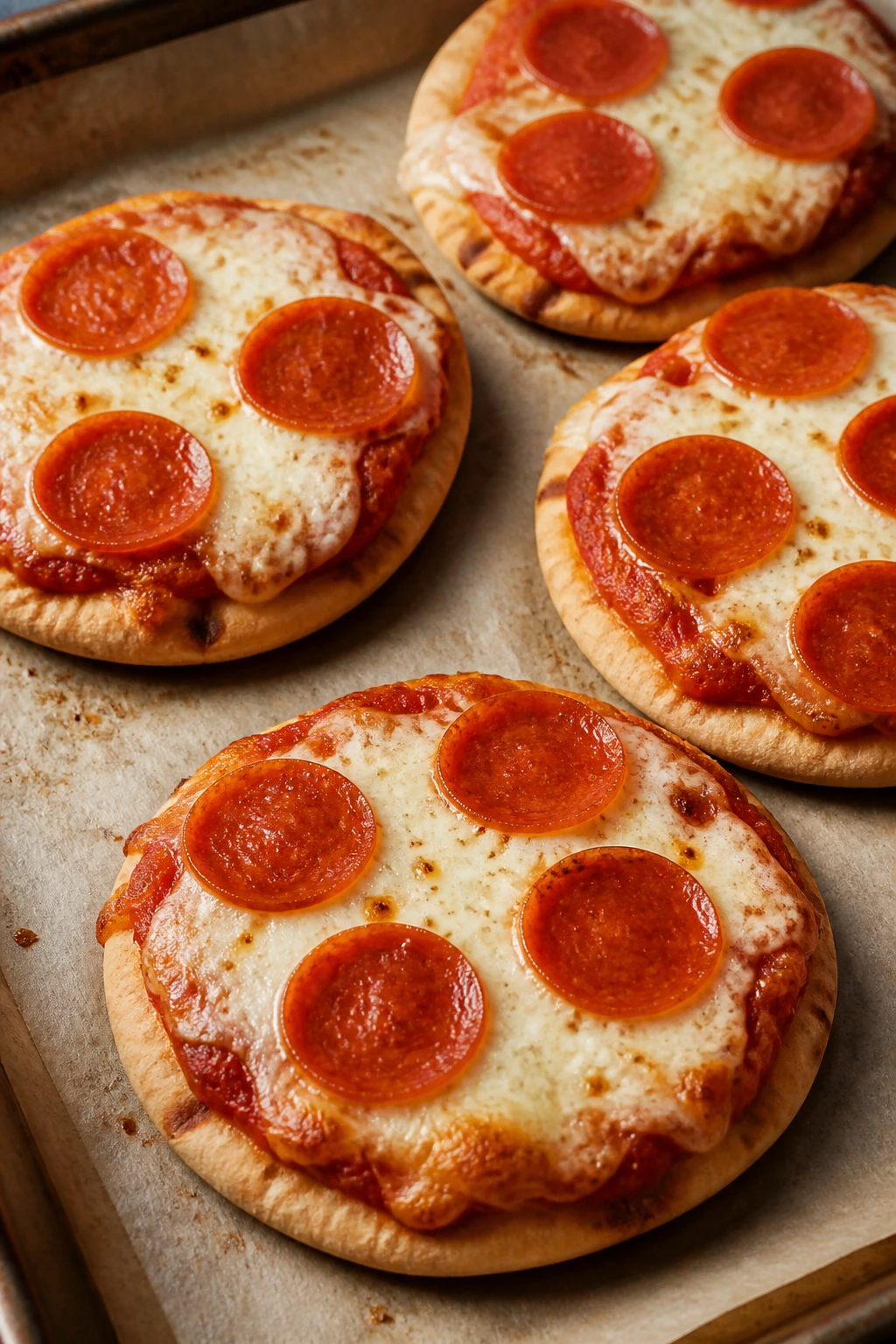 Close-up of mini pita pizzas on parchment-lined sheet pan