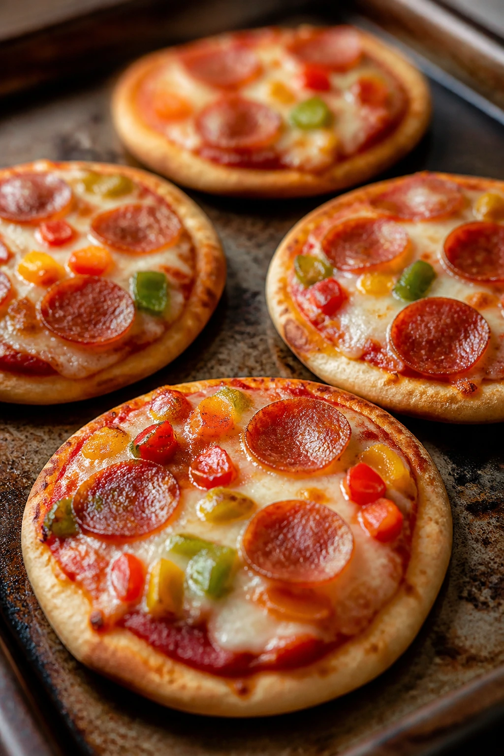 Mini pita pizzas with bubbling mozzarella and toppings.